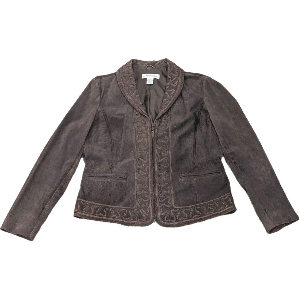 Bamboo Traders Suede Jacket Large Brown Zip Ribbon Embellished Boho Western‎